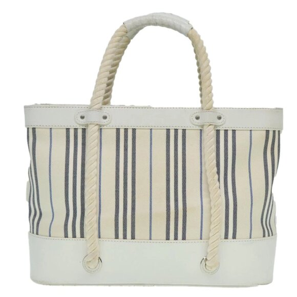 BURBERRY Rope handle Hand Bag Canvas Leather White Blue Silver Auth 92982 - Picture 1 of 15